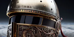 apocalypse, chaotic, magnificent, realistic, colorful, massive, epic, ray tracing, cinematic, 8k, HD, Ultra High Definition, photo film, film grain, hyper-detailed, old ornate rusty Hyper detailed Medieval Knight helmet on ground with visor