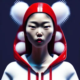 Japanese woman, rounded face, bubble gum, circle, white, red, hoodie, feathers, retro, latex, leather, soft color, highly detailed, art stations, concept art, smooth, unreal engine 5, god rays, ray tracing, RTX, lumen lighting, ultra detail, volumetric lighting, 3d, finely drawn, high definition, high resolution, neon background.