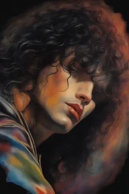 oil painting, text "KISS" - facial portrait with makeup - 20-year-old Paul Stanley with long, wavy curly black 1980's style big hair, wearing a black leather jacket, extremely colorful, multicolored watercolor stained wall in the background - in the art style of Boris Vallejo, Frank Frazetta, Julie bell, Caravaggio, Rembrandt, Michelangelo, Picasso, Gilbert Stuart, Gerald Brom, Thomas Kinkade, Neal Adams - explosions, flames, fog, clouds, dust,