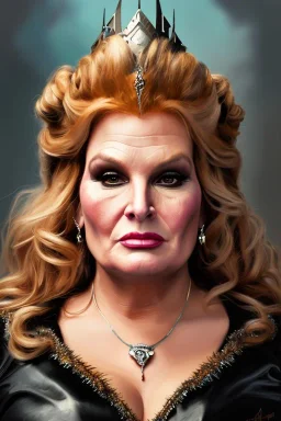 painting of jennifer coolidge as evil queen in black leather, feminie, angry, stern look on her face, volouptous, busty, cleavage, emperious, mature, highly detailed, digital painting, artstation, concept art, smooth, sharp focus, illustration, art by gaston bussiere and alphonse mucha