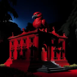 A dark red palace with a fiery phoenix designed in Ica stones painted by Andy Warhol