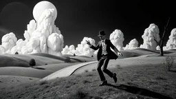 Black and white, primary colors, 3d abstract landscape, photograph of a mad gentleman dancing, immersive-inspired art deco, inside and out landscape, Rene Magritte inspiration.