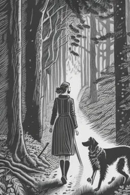 in the style of a Henry Justice Ford drawing, a woman walks through a forest, she is followed by a dog