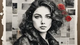 Collage. Beautiful portrait in charcoal and ink. Mixed media. Newspaper clippings, photographs, love letters, roses. Magazine style. Raindrops. Dark. Detailed. Alcohol ink. Worn texture. Crisp focus. Inked outlines. Hints of bright colors. Authors: Katherine Welz-Stein and Sam Toft