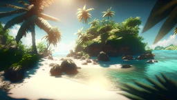 beautiful,sun,day,tropical, island, Realistic photography, incredibly detailed, ultra high resolution, 8k, complex 3d render, ultra sharp focus