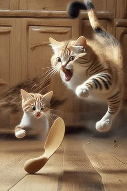 mother cat chasing baby cat with wooden spoon