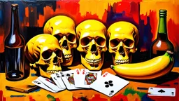 Abstract, expressionist painting featuring a still life with skulls. The layout is chaotic and vibrant, with three prominent skulls in the center, each with distinct facial features and hollow eye sockets. The skulls are painted in shades of yellow and brown, with dark, bold outlines. Surrounding the skulls are various objects, including a playing card with an ace of spades, a bottle, and a banana, all rendered in a similarly bold and exaggerated style. The background is a mix of orange, red, an