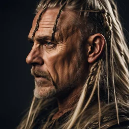 portrait of a 50-year-old viking ,blonde beard with grey highlight and long blond hair with Two small braids. Rugged face with a scar on his cheek, modern fantasy