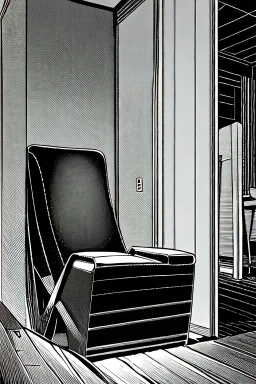 chair in the middle of an empty room, grayscale