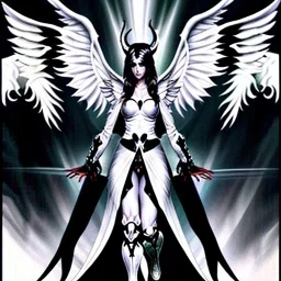 angel, demon, angel demon hybrid, half angel, half demon, black angel wings, white demon wings, black and white, balance, horns, armor, noble clothes, black and white armor, black and white clothes