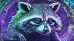 Graffiti trash panda; neo-surrealism dystopian eldritch elegant fantastical intricate hyperdetailed holographic magnificent meticulous mysterious ominous