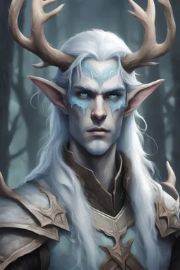 a grizzled pale wood elf paladin with antlers growing back from his forehead and a pale blue tint to his skin, with pale blue eyes, light hair, a grim expression