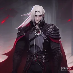 Vampire knight, young man, handsome, long white hair, black full plate armor, red cape