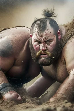 wide angle photography of two 29 years old marocan burly chubby mud men fighting in the mud, short hair, beards, manly chest, bullneck , photorealistic , view from the ground