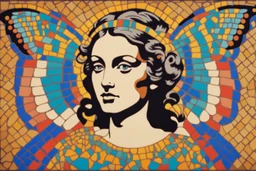 colorful psychedelic painting of ancient god psyche depicted in ancient mosaic art as a butterfly-winged woman by andy warhol