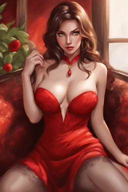 A stunning, seductive woman in a fiery red dress, casting a shy glance over her shoulder. cartoon style