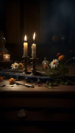 Bosch nightmares paining style Title:a a candle on an old wooden cracked table , dark color flowers 8k artistic photography, photorealistic concept art, soft natural volumetric cinematic perfect light, chiaroscuro, award-winning photograph, masterpiece, oil on canvas, Raphael, Caravaggio, Greg Rutkowski, people, beksinski, Giger