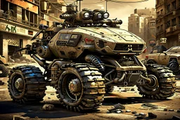 A car that's a mix between a scorpion and a tank, robotic, ready for battle, worn-out, with large rims and tires, fully mechanical, on a street in post-apocalyptic cities.