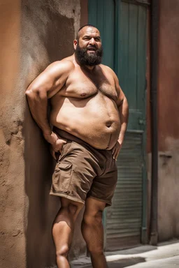 close up photography of an ugly 40 year old stocky big robust burly marocan giant, wearing his work shorts, shirtless, leaning with his back on the wall, crossing arms, dirty, sweat, wet, ajar mouth, hairy chest, , very virile, short beard, shaved hair,, , in a sunny street, photorealistic , frontal view from the ground