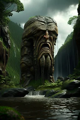 portrait in weird angle of huge rock giant crying a waterfall in front of rock column on bumpy road in moist swamp planet , photo-realistic, shot on Hasselblad h6d-400c, zeiss prime lens, bokeh like f/0.8, tilt-shift lens 8k, high detail, smooth render, down-light, unreal eng