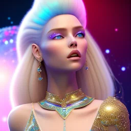 white woman glitter long blond hair blue eyes in a galactic ambiance, delicate colors in the foreground, full of details, smooth, light effect，vaporwave colorful, smooth, extremely sharp detail, finely tuned detail, ultra high definition, 8 k, unreal engine 5, ultra sharp focus