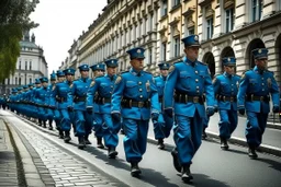 Soldiers marching in formation; military parade; marching along a street; blue uniforms; Rifles in their hands;