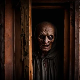 Close up of wooden door cracked open on other side an unsettling ghoulish decayed face stares back, horror photography by Joshua Hoffine, photorealistic, zombiecore, creepy, uneasy, eerie dark colors, heavy shadows