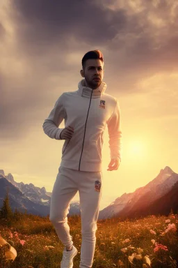 running men portrait , white jogging suite , in the sunset Alps, golden light , holding leaves and flowers , angels background, volumetric light, high detail, dark leaf tree, dark mountains in background, perfect