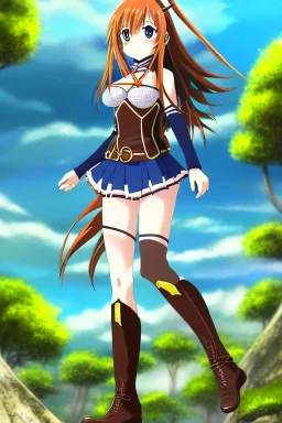 In the style of Kodomo Anime, concept illustration, super-detailed, beautiful teen female who is 16 years old with long ginger hair and freckles, full lips, full body, full face, b-cup breasts, athletic, centred camera, ignore NSFW, skimpy brown fantasy leather armor, halter top, micro thong, knee-high leather boots, open leather skirt, stern expression, cute pose with hands behind butt