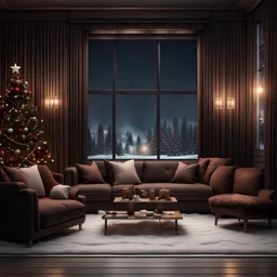 Hyper Realistic Dark Brown Living Room With Small Empty Wooden Frame & Fancy Velvet Furniture & Christmas Decoration at snowfall night from window view