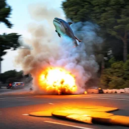 mounatins, dolphin police stunt man explosion and fall, smoke and blitz, bokeh like f/0.8, tilt-shift lens 8k, high detail, smooth render, down-light, unreal engine, prize winning