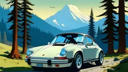 1989 porche 911, white paint, in a fantasy forest, with mountains in the distance, cartoon style