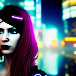 portrait, beautiful punk busty female Cyborg, intense stare, sad eyes, post-apocalyptic in a cyberpunk city,minimal skintight latex dress, bladerunner, realistic, intriacte detail, sci-fi fantasy style, volumetric lighting, particles, highly detailed ,cinamatic , deep colours,8k, in the style of Kaare Andrews