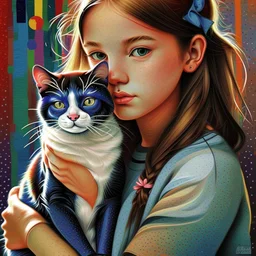 A girl and her cat inspirational styles - Pointillism, Realism and Fauvism