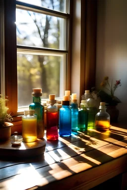 A vibrant still life showcasing a collection of natural skincare products. Delicate glass bottles and jars filled with colorful oils and serums are arranged on a rustic wooden table. The natural light streaming through a window casts a warm glow on the scene, emphasizing the purity and freshness of the skincare products.
