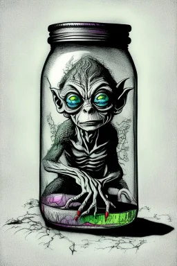 1975 gollum in a jar surrealistic very attractive beautiful cute psychedelic hyperrealistic colorful cartoon dark comic colorful film noir pen pencil charcoal retro vintage art deco gothic fantasy view intricate detailed masterpiece art by gerald scarfes