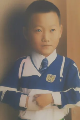 6 year old asian schoolboy in his school uniform portrait, high details