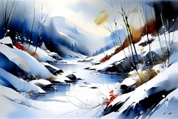 White landscape, surreal, thick snow covering the ground, Frost. surreal, beautiful high definition acrylic art intricate details sunny day, blue mountains in the background, water reflections, watercolour, Misty. Mystery. watercolour, style by Thomas Wells Schaller, Maxfield Parrish and Ivan Bilibin, vibrant colours, intricate, magical, elegant, beautiful, colourful, bioluminescent highlights and atmosphere, crisp quality, epic scenery, Daniel Merriam art station Moon Dew digital painting s