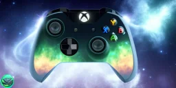 shiney xbox elite controller, heavily vented design. nebula backround . sunflare . centered