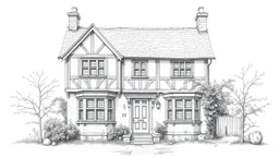 A front elevation fine-line pencil drawing of an old, dilapidated Tudor fantasy cottage.