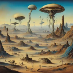"Aliens" in a weird land - style by Salvador Dali - colorful, listicvery sharp, sharp focus, extremely detailed, high definition, intricate, hiperrealistic