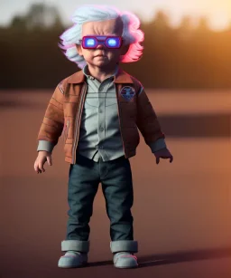 Emmet brown toddler, full body, delorean, dramatic lighting, hyper realistic