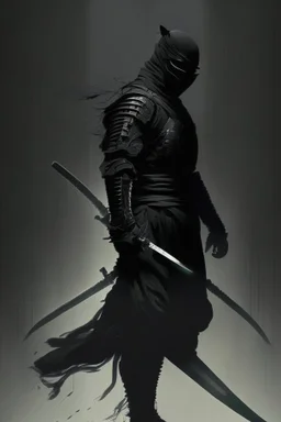 Background is dark grey, almost black. There is a head and torso silhouette looming in the picture, completely masked by a black kevlar suit with two tachi swords sheathed behind the figure.