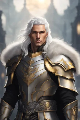 Male Tan Human, White Hair, Handsome Face, Dark Heavy Armour, Black and Gold colour theme