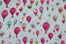 giftwrap pattern with watercolor of hot air balloons, children's book illustration, white parchment paper, wrapping paper, white linen, in the style of e. h. shepard