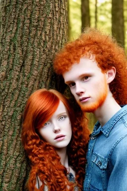 Jeune couple, visage hyper détaillé, réaliste. Forêt fantaisiste détaillée, Fille rousse aux cheveux raides et longs, garçon grand, musclé avec de très longs cheveux bruns et très bouclés. Fille en jean pull, garçon en tenue de bûcheron.