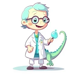 Cartoon illustration for children: Cute female dinosaurus in a white doctor's coat, holding a pincer