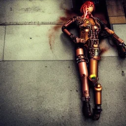 Rusty female steam punk cyborg laying in the streets sad and lonely, crying,suit is falling apart, anime character,neon lights,Tim Burton