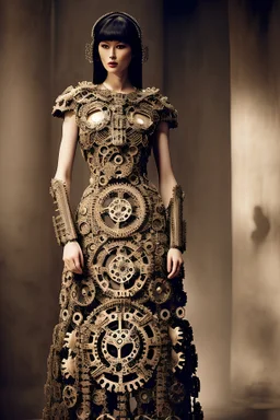 photoreal of a woman tall with dress made of gears ancient,