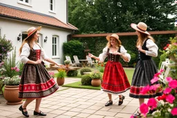 beautiful girls in German folk custom dancing in a modern villa garden yard